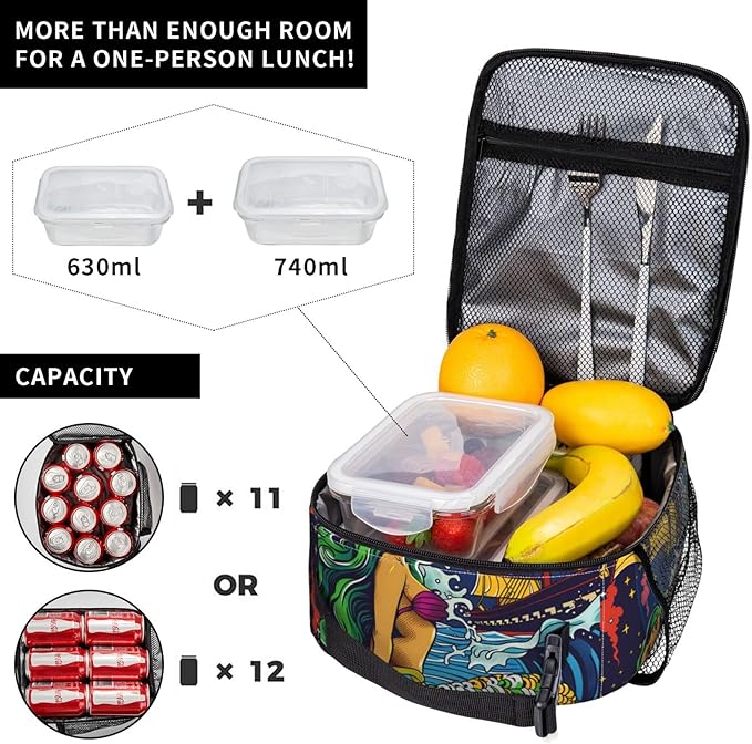 Insulated Lunch Box for Women Men, Mermaid Theme Lunch Box Reusable Portable Lunch Bag Cooler Tote Waterproof Lunch Container for Office Picnic Work Travel