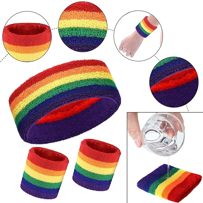 Skylety 5 Pcs Striped Sweatband Sock Set Wrist Sweatband Headband High Striped Headband for Men Women Sports 80s Party(Rainbow Color)