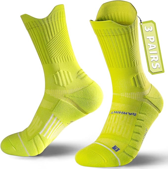 Compression Running Socks 3 Pairs, Cushion Crew Socks, Anti-Blister Moisture Wicking Athletic Hiking Basketball Socks