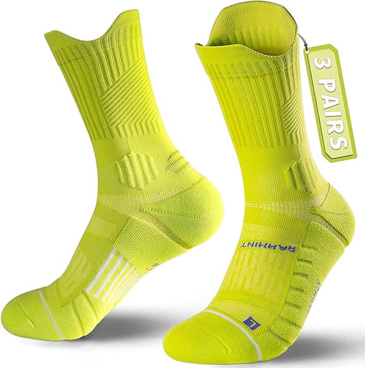 Compression Running Socks 3 Pairs, Cushion Crew Socks, Anti-Blister Moisture Wicking Athletic Hiking Basketball Socks