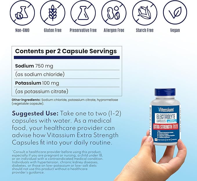 Vitassium Extra Strength Electrolyte Capsules, 750mg of Sodium for The Management of POTS and High Sodium Diets, Unflavored, 100 Salt Pills (Size 00)