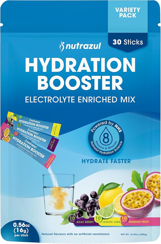 nutrazul Hydration Booster 30 Sticks | Rapid Hydration Support | Electrolyte Mix with No Artificial Sweeteners | Acai Berry, Lemon Lime & Passion Fruit | Vegan, Gluten-Free, Non-GMO