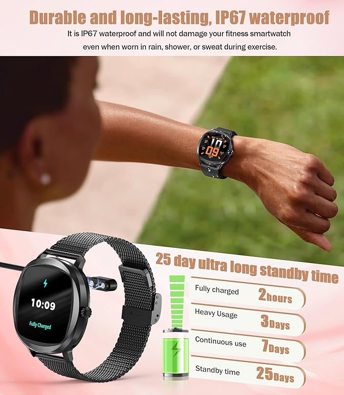 Women's 2pc Band Sports Watch/Smart Watch 1.72" Fitness Tracker with Heart Rate Monitor, 100+ Sports Modes, Sleep Tracking, 7-Day Battery, IP68 Waterproof (Black)