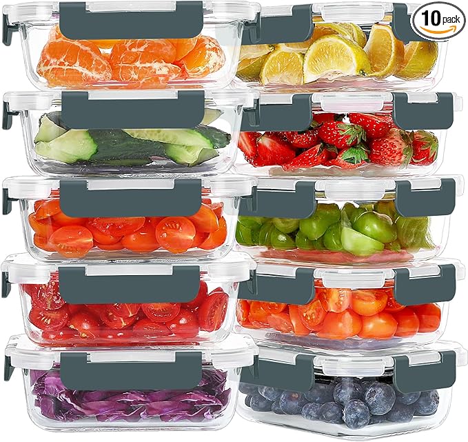 KOMUEE 10 Packs 22 oz Glass Meal Prep Containers, Glass Food Storage Containers with Lids, Airtight Lunch Boxes BPA Free, Microwave and Freezer Safe