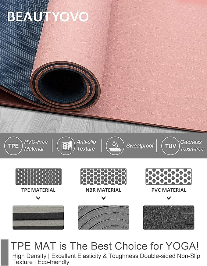 BEAUTYOVO Yoga Mat with Strap, 1/3 Inch Extra Thick Yoga Mat Double-sided Non Slip, Professional TPE Yoga Mats for Women Men, Workout Mat for Yoga, Pilates and Floor Exercises
