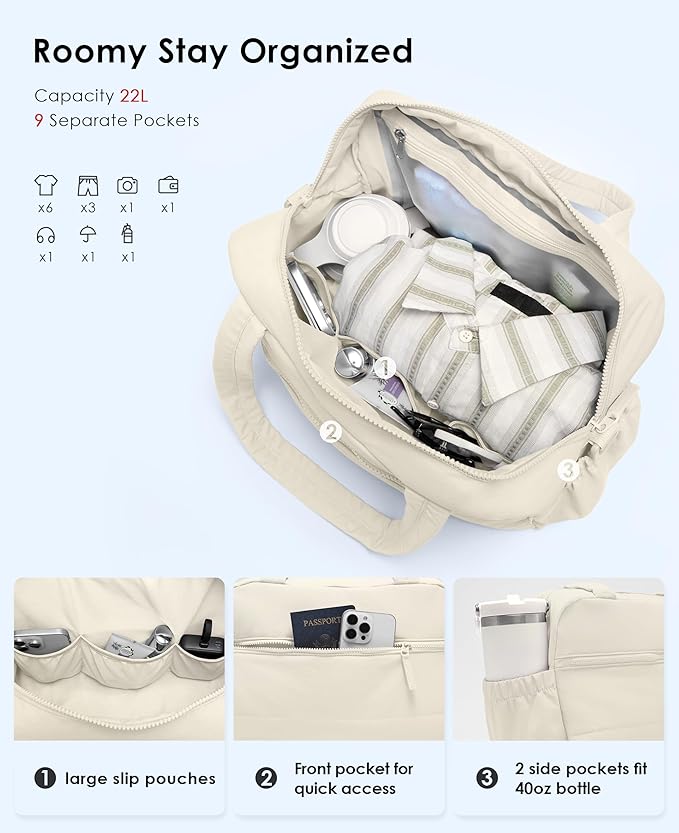 Gym Bag for Women, Travel Duffle Bags with Wet Pocket, Lightweight Carry on Bag Overnight Weekender Duffel Bag, Water Resistant (Beige)