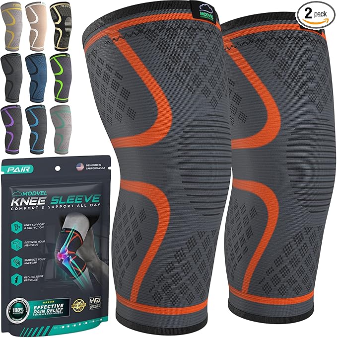 Modvel Compression Knee Brace for Women & Men, 2-Pack Knee Brace for Running Knee Pain, Knee Support Compression Sleeve, Workout Sports Knee Braces for Meniscus Tear, ACL & Arthritis Pain Relief