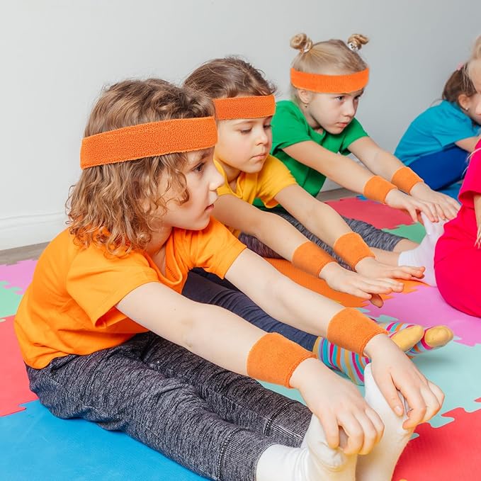 Bememo 36 Pcs Neon Sweatbands Set for Kids Bulk Sports Headband Wristband Set Cotton Terry Basketball Tennis for Students Youth 80s 90s Halloween Costumes Cosplay Glow Party