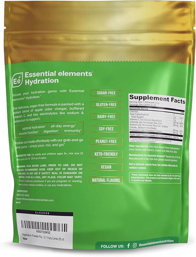 Essential Elements Hydration Packets - Yuzu Lime Pack - Sugar Free Electrolytes Powder Packets - 25 Stick Packs of Electrolytes Powder No Sugar - Hydration Drink - with ACV & Vitamin C
