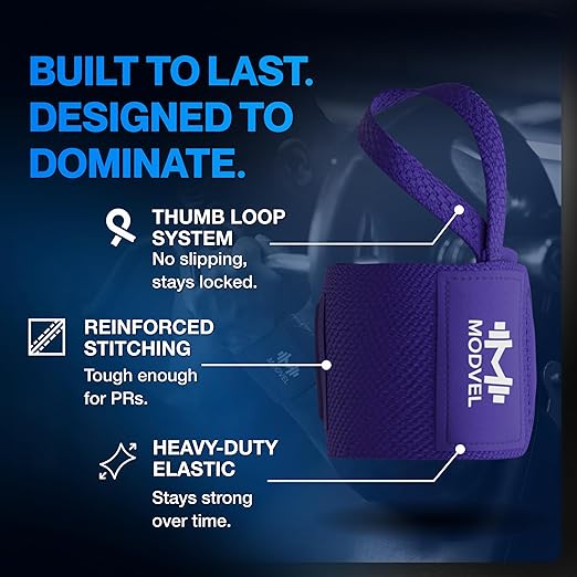 Modvel Adjustable Wrist Wraps for Gym & Lifting – Thick, Breathable Support Straps for Wrist Stability, Comfort & Grip – Ideal for Weight Training, CrossFit & Gym Workouts – Purple (2-Pack)