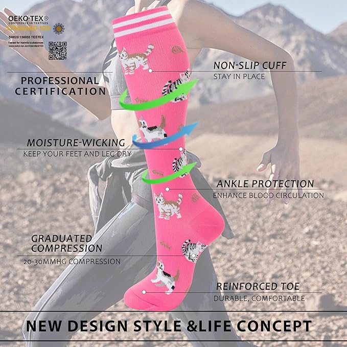 fenglaoda Compression Socks Women Men 4 Pairs, Knee High Support Socks for Running, Sports, Travel, Flight, Nurse