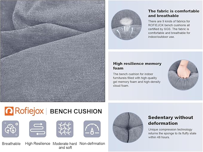 Bench Cushion 36 Inch - Chenille Fabric, High-Density Foam, Non-Slip Bottom, Soft Durable Indoor Tufted Long Seat Cushion for Window Garden Furniture (Light Gray, 36x14x4 Inch)
