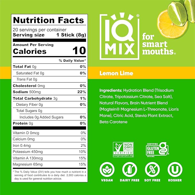 IQMIX Hydration Electrolyte Powder – 4-in-1 Formula for Hydration, Mental Clarity, Mood and Recovery – Sugar-Free Drink Mix, Keto, Magnesium L-Threonate, Lion’s Mane – 20 Count Lemon Lime
