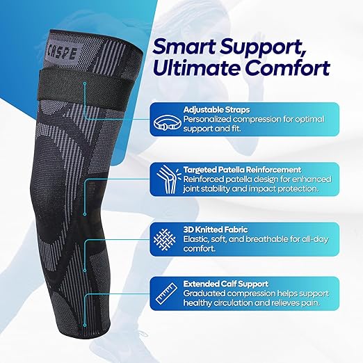 Caspe 1 Pack Full Leg Compression Sleeve for Men & Women with Strap – 3D Knit Support for Thigh, Knee & Calf – Non-Slip, Breathable Leg Compression for Sports, Recovery (Medium)