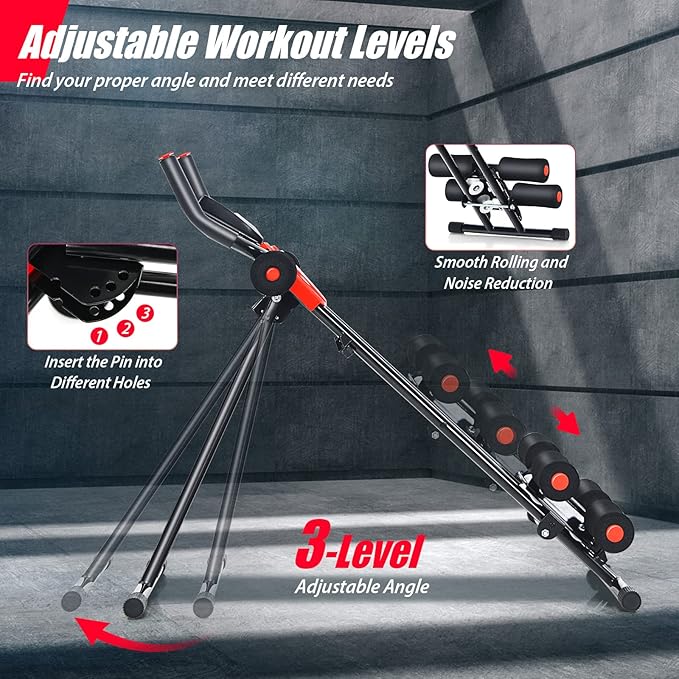 Goplus Foldable Core Abdominal Trainer, AB Workout Machine Exercise Equipment with 3 Adjustable Levels, LCD Display, Ab Cruncher Strength Training Equipment for Home Gym Fitness Black+Red