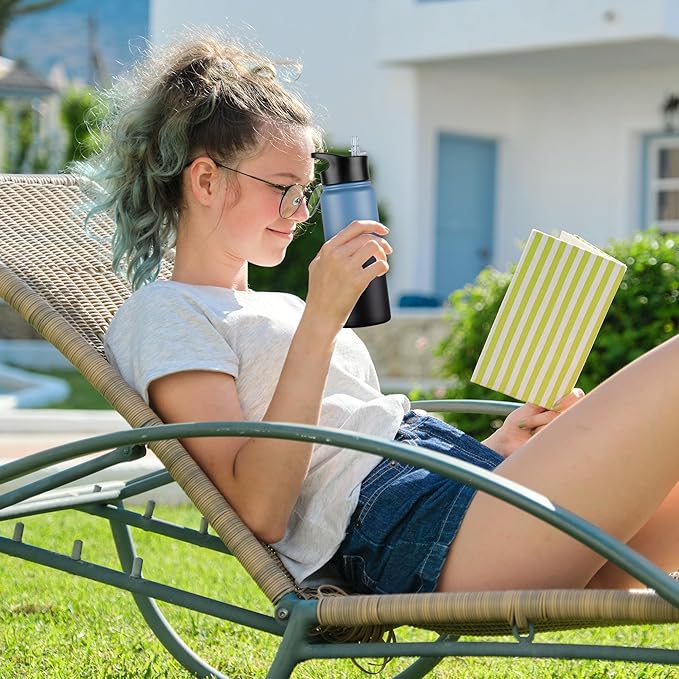 24 oz Insulated Water Bottle Bulk 8 Pack, Stainless Steel Sports Water Bottles with Straw Lid & Wide Mouth Lids, Double Walled Vacuum, Leak Proof, Blue Black Gradient