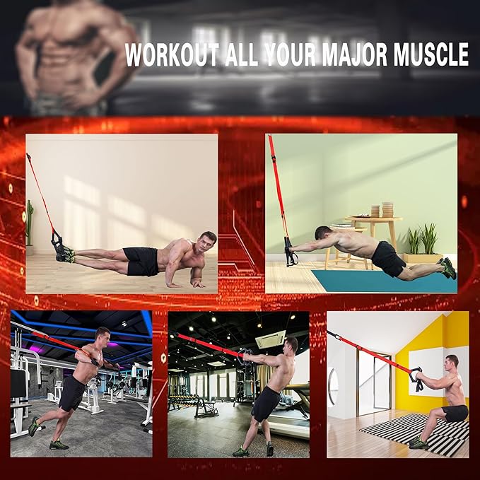 Bodyweight Resistance Training Straps, Complete Home Gym Fitness Trainer kit for Full-Body Workout, Included Door Anchor, Extension Strap, Fitness Guide