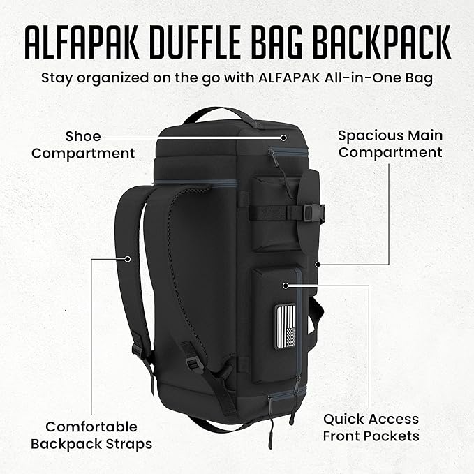 Gym Duffel Bag Backpack - 45L - Durable Gym Bag for Men/Women with Shoe Compartment - Duffel Bag Carry On – Water Resistant with Wet Pocket, Multiple Pockets & Straps for Gym, Travel & Overnight