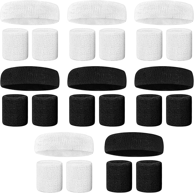 SATINIOR 8 Sets 80s Sweat Band and Wristband Sports Neon Headbands Exercise Sweatbands Gym Wristbands for Men Women Sports Activities(Black, White)