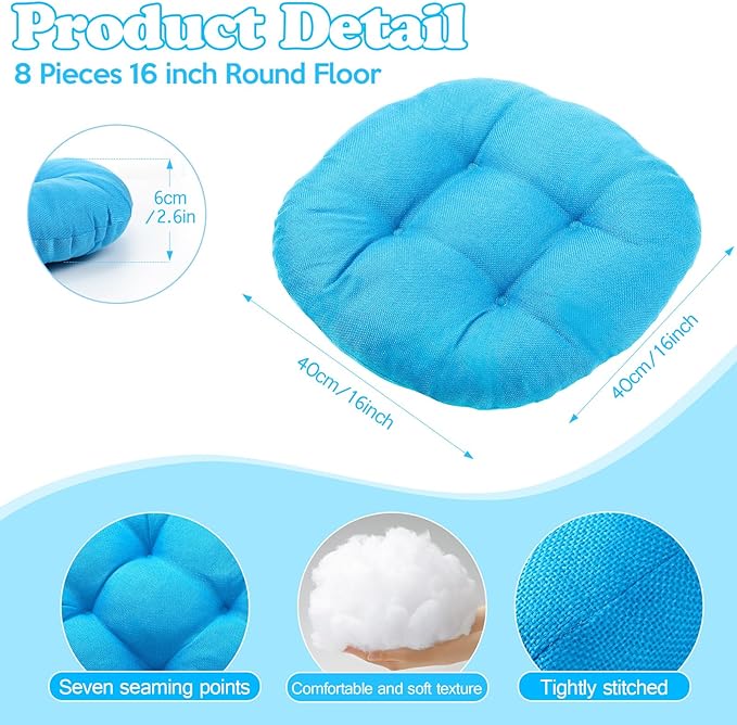 Fumete 8 Pcs 16 Inch Round Floor Cushions for Kids and Toddlers, Flexible Seating Classroom Furniture Floor Pillow for Home, Daycare, Preschool, Yoga and Meditation (Ice Blue)