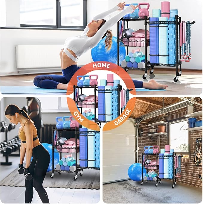 Dumbbell Rack, Home Gym Storage with Locking Wheels & 4 Hooks, 3 Tier Adjustable Workout Equipment Storage for Yoga Mat, Foam Roller, Dumbbell, Kettlebell, Fitness Ball and Resistance Band