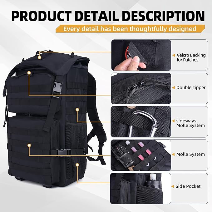 gracedon Military Tactical Backpack 40L for Camping Travel Hunting Hiking Bug Out Bag Molle Rucksack for Men