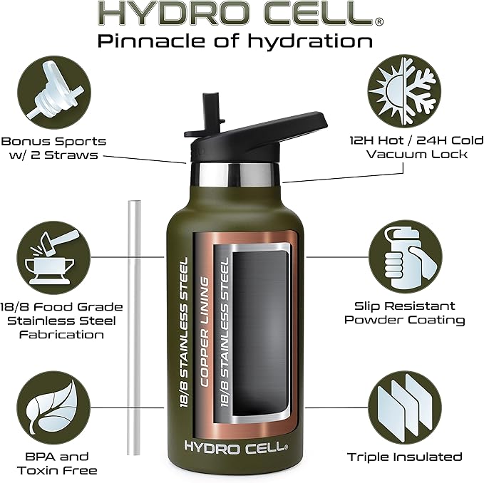 HYDRO CELL Stainless Steel Water Bottle with Straw & 2 Standard Mouth Lids (32oz 24oz 20oz 16oz) Keeps Liquids Hot or Cold w/Double Wall Vacuum Insulated Leak Proof Sport Design (Army 16oz)