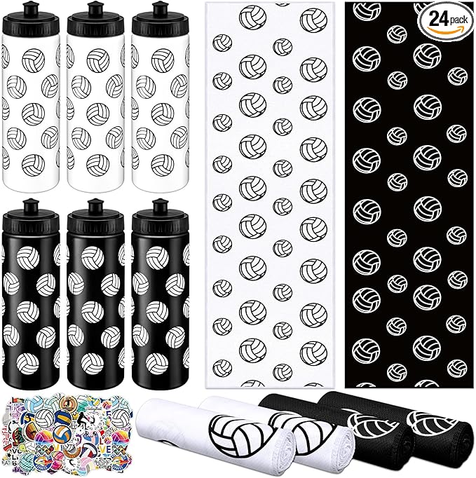 24 Pcs Volleyball Water Bottle Volleyball Cooling Towel Set with 50 Sticker Sports Party Favors Include 6 Reusable Sports Squeeze Water Bottle 6 Ice Towel Breathable Fast Drying for Team Gifts