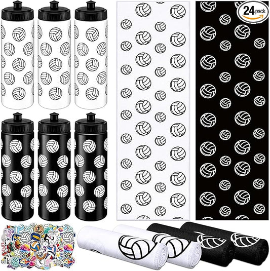 24 Pcs Volleyball Water Bottle Volleyball Cooling Towel Set with 50 Sticker Sports Party Favors Include 6 Reusable Sports Squeeze Water Bottle 6 Ice Towel Breathable Fast Drying for Team Gifts