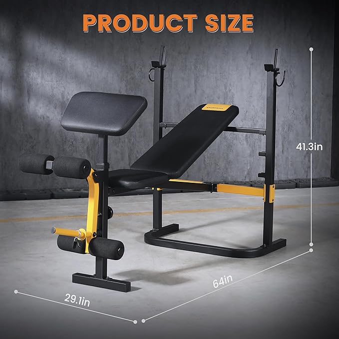 SPORTSOUL Adjustable Weight Bench Press Set with Squat Rack Dual Function Leg Exercises Preacher Curl Rack Pad Strength Training for Home Gym Full Body Workout Multi-functional, Balck and yellow