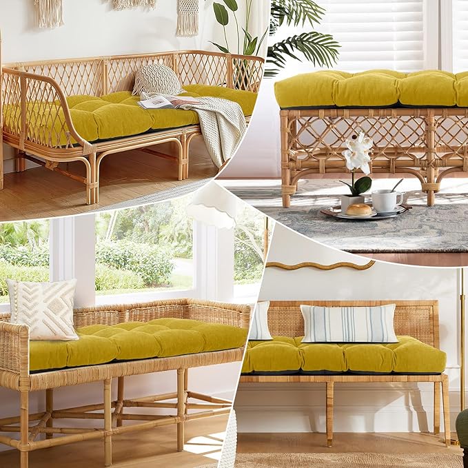 Bench Cushion 48 Inch - Chenille Fabric, High-Density Foam, Non-Slip Bottom, Soft Durable Indoor Tufted Long Seat Cushion for Window Garden Furniture (Yellow, 48x16x4 Inch)
