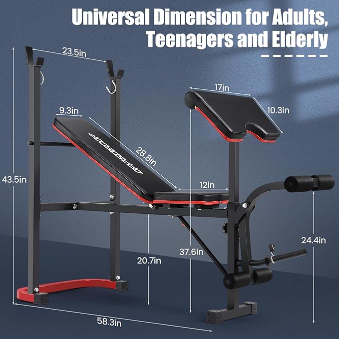 OPPSDECOR 661LBS Weight Bench Set, 8 in 1 Adjustable Bench Press with Squat Rack Leg Extension & Leg Curl Workout Bench with Safety Bar Catches Standard Weight Training Benches for Home Gym