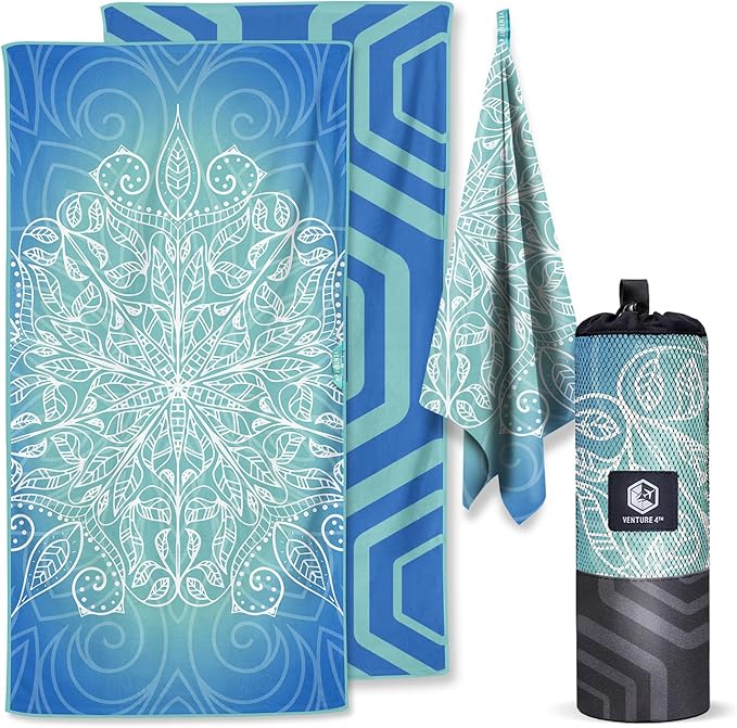 VENTURE 4TH Microfiber Beach Towel: Quick-Dry, Compact, Sand-Free, Absorbent, Sandproof and Lightweight - Perfect for Camping, Beach, and Roadtrips (Blue Mandala Design | 35x78 inches)