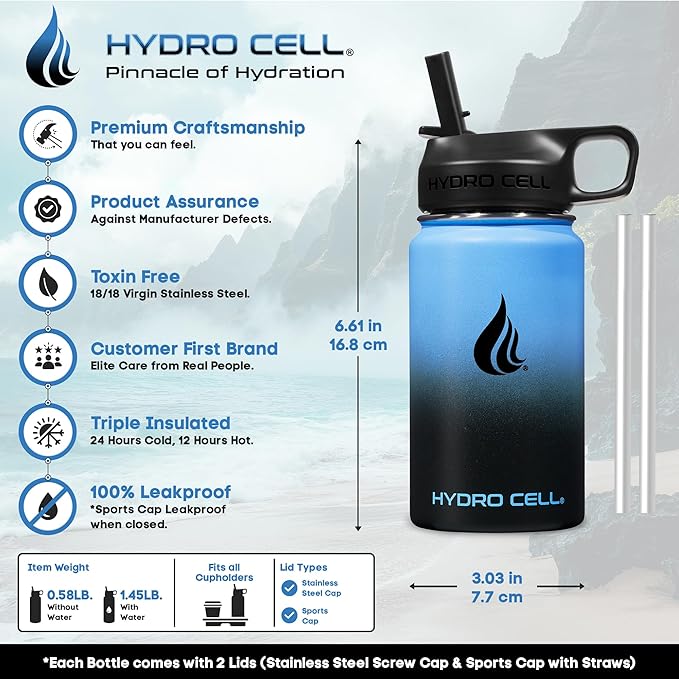 HYDRO CELL Stainless Steel Insulated Water Bottle with Straw - For Cold & Hot Drinks - Metal Vacuum Flask with Screw Cap and Modern Leakproof Sport Thermos for Adults (Blue/Black 14oz)