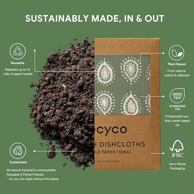 RECYCO Swedish Dishcloths for Kitchen | 5 Pack Gem Washable Dish Rags | Cellulose Reusable Cleaning Paper Towels | Absorbent Counter Dish Cloth Sponge Kitchen Wipes, 8" L x 7" W