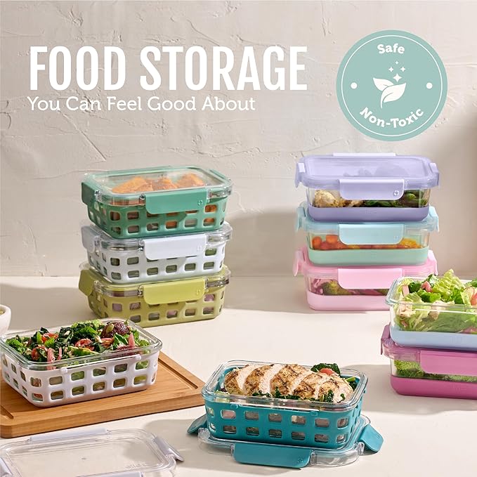 Ello Duraglass 3.4 Cup Meal Prep Sets 10Pc, 5 Pack Set- Glass Food Storage Container with Silicone Boot and Airtight BPA-Free Plastic Lids, Dishwasher, Microwave, and Freezer Safe, Garden Goals