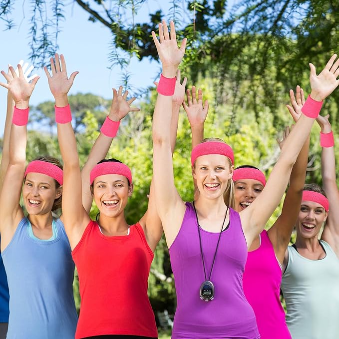 24 Pieces 80s Neon Sweatbands Set, Include 8 Sports Headbands and 16 Sweat Wristbands Elastic Athletic Tennis Sweat Bands Bulk for Man Woman