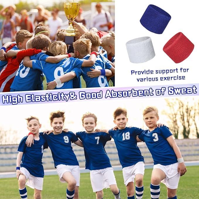 Leyndo 72 Pcs Wrist Sweatbands Bulk for Kids Field Day Cotton Terry Sweat Bands Sports Fan Wristbands Kids for Summer Camp Student Football Team Competition Party