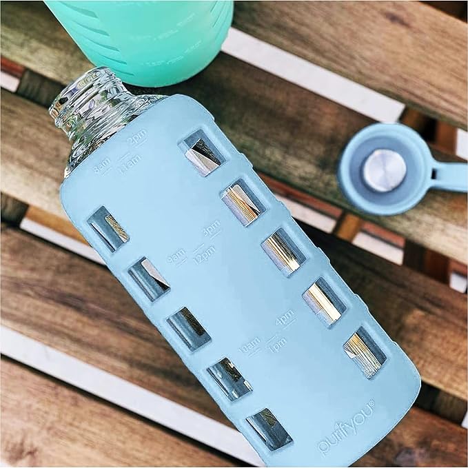 purifyou 40oz / 32oz / 22oz / 12oz Borosilicate Glass Water Bottle with Time & Volume Markers, Silicone Sleeve, Stainless Steel Lid | Reusable Glass Bottle for Water & Juice (22oz Ice Blue)