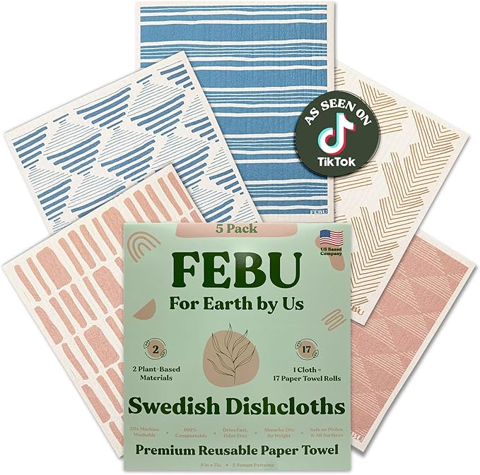 FEBU Swedish Dishcloths for Kitchen | 5 Pack Sunset Reusable Paper Towels Washable | Swedish Dish Towels | Non-Scratch Cellulose Sponge Cloths | No Odor, Biodegradable Cleaning Cloths