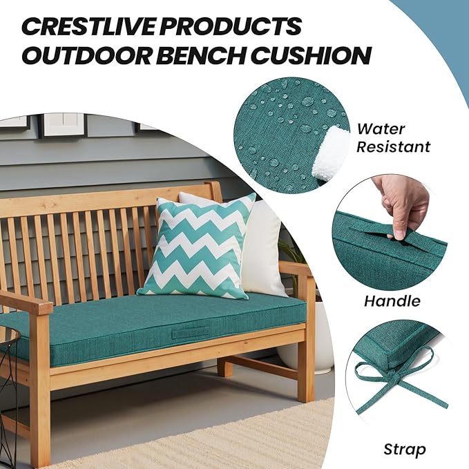 Crestlive Products Outdoor Bench Cushion 42 x 18 Inch, Waterproof Patio Bench Cushions for Outdoor Furniture, Porch Swing Replacement Pad with 30D Foam, Adjustable Straps and Handle, Malachite