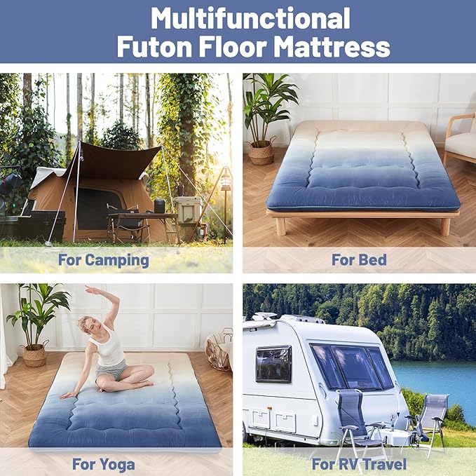 Japanese Floor Mattress, Futon Mattress with Portable Storage Bag and Washable Cover, Roll Up Thick Tatami Mat Suitable for Camping, Guest Room (Coastal Gradient, Full)