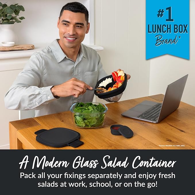 Bentgo Glass All-in-One Salad Container - Large 61-oz Salad Bowl with Lid, 4-Compartment Bento-Style Tray, 3-oz Sauce Container, and Reusable Fork - Dishwasher, Microwave, and Oven Safe (Black Onyx)