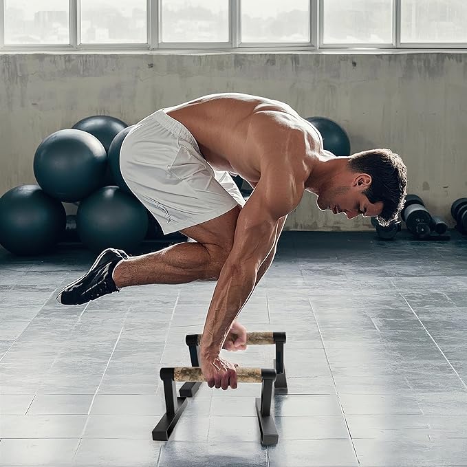 T Shape Floor Stand Wood Push Up Handle Bars for Men, Strength Training Pushup Stands Parallettes Bars with Sturdy Metal Bracket for Calisthenics, Fitness, Gymnastics, Workouts, Calistenia