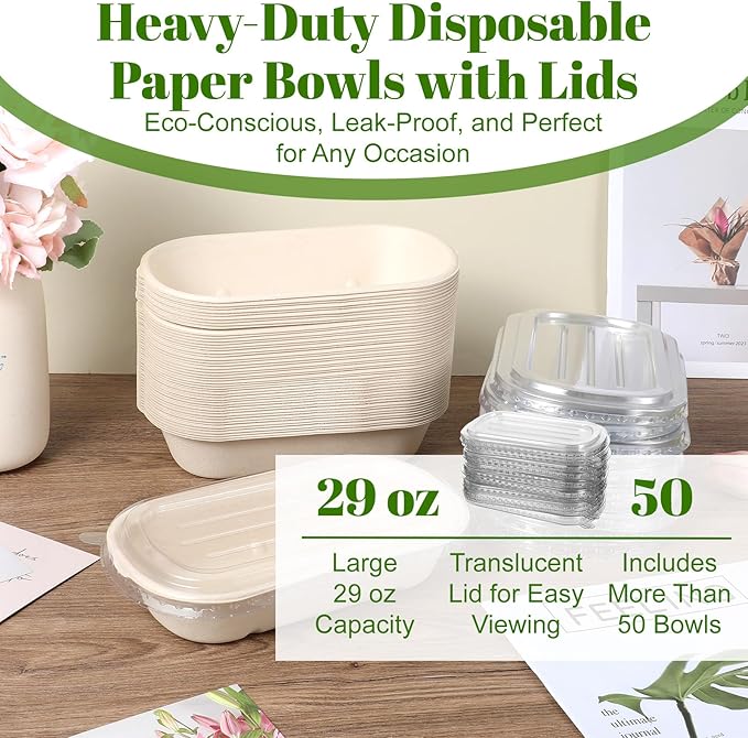 50 Pack 29 Oz Disposable Paper Meal Prep Containers with Lids Durable Compostable Paper Bowls Disposable Takeaway Food Containers Microwave Safe & Freezer Safe For Meal Preparation & Food Packaging