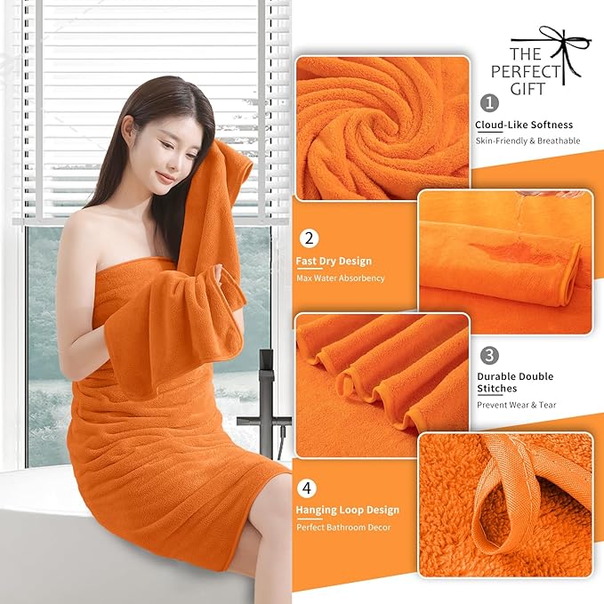 Extra Large Bath Sheet 4 Piece (35"x70")-Ultra Soft Oversized Bath Towel,Bath Sheet Set for Bathroom Hotel,Highly Absorbent Quick Dry Shower Towel Set for Adults,Bathroom Towel-Orange