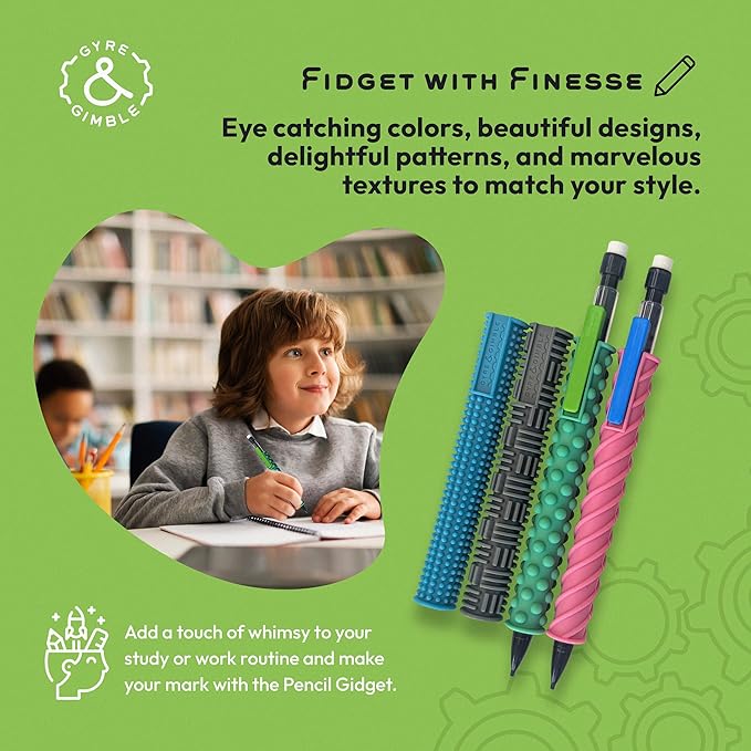 Gyre & Gimble Pencil Gidgets – Textured Silicone Pencil Sleeve for Quiet Fidgeting – Transform Your Mechanical Pencil into a Sensory ADHD Tool for Kids and Adults – 4 Sleeves & 2 Pencils