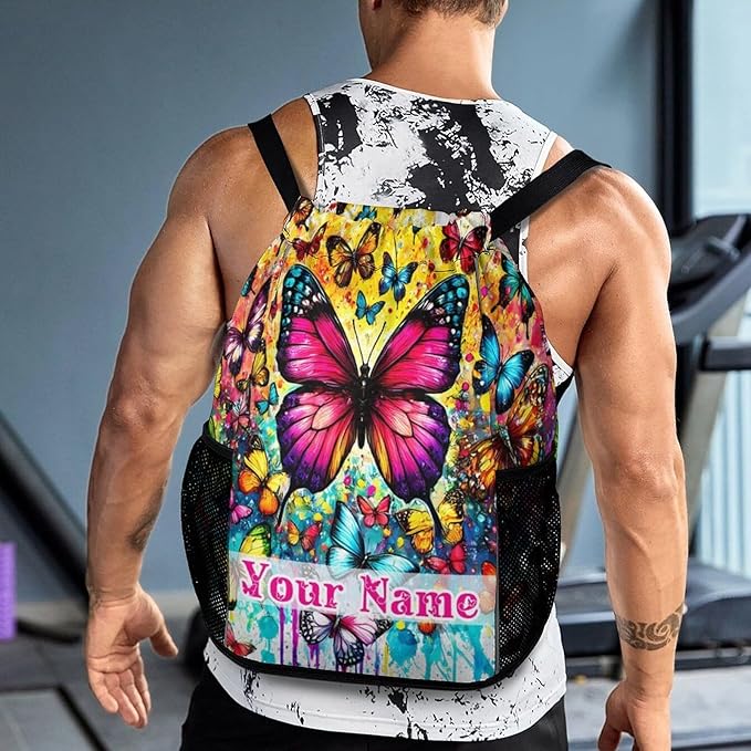 Custom Butterfly Drawstring Backpack - Cute Cinch Sack, String Backpacks with Pocket for Kids Boys Girls Women Men for Gym Outdoor Sports Travel Athletic Drawstring Bag - Lightweight/Foldable