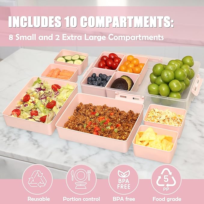 Snackle Box Container - 10 Compartments Including 2 XL, Dishwasher & Microwave Safe, Divided Serving Tray with Lid and Handle, BPA-Free, snack box (1 PCS, Pink, 1 Box with 2 XL Compartments)