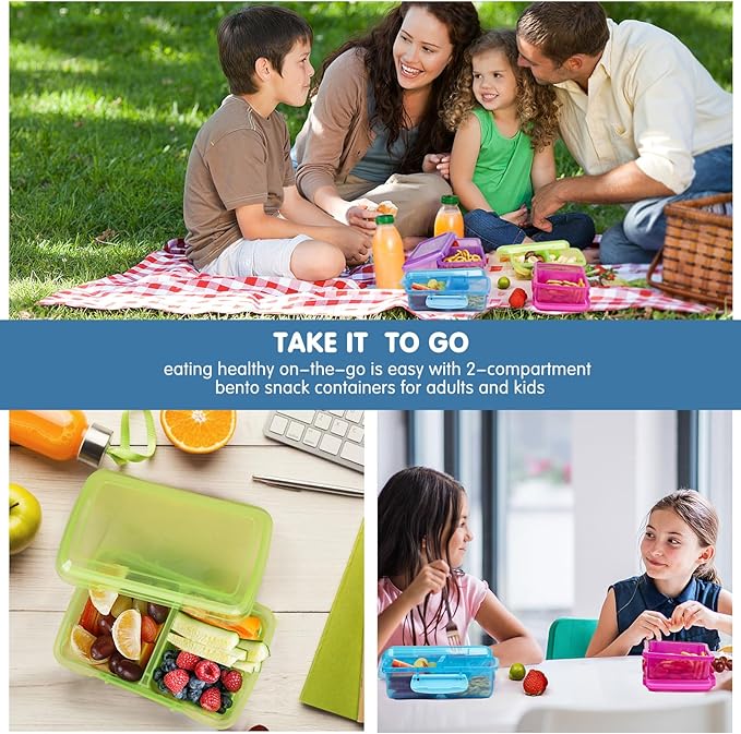 4 Pack Plastic Snack Containers with Lids, 2 Compartment Food Container for Kids Snack Box, Travel Bento Lunch Containers with forks for Fruits/Candies, Divided Food Storage Containers for School